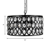 Lámpara de techo de tambor negro vintage: lámpara de araña de cristal y metal de 3 luces para sala de estar